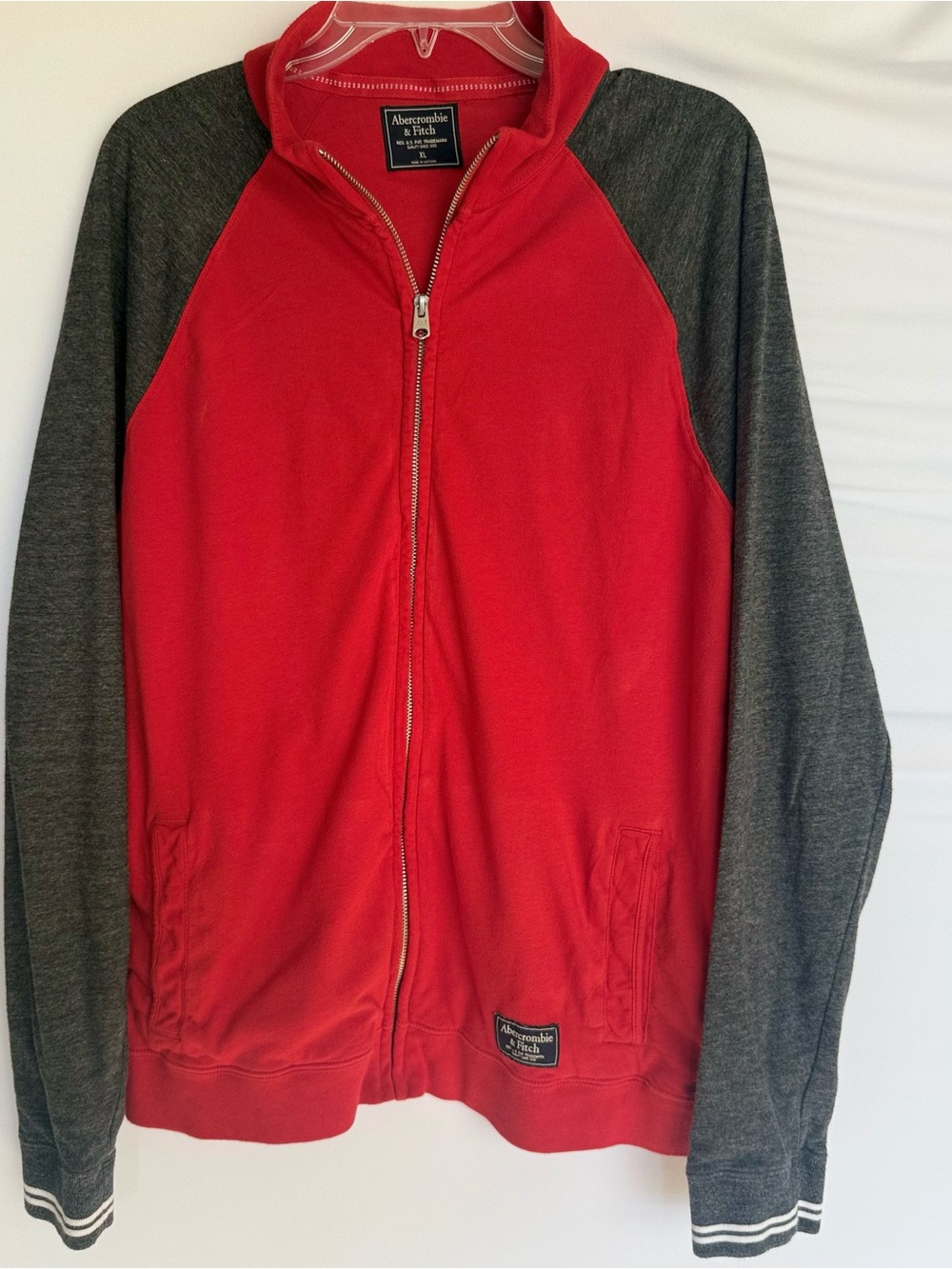 Abercrombie & Fitch Red Zip-Up Raglan Jacket with Charcoal Sleeves White Stripes